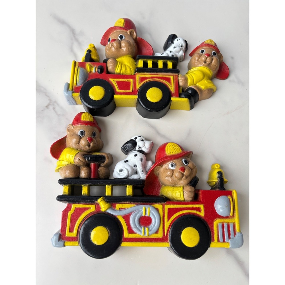 Vintage Homco Fire Truck Bear Dalmatian Wall Plaques Kids Nursery 2 Pc